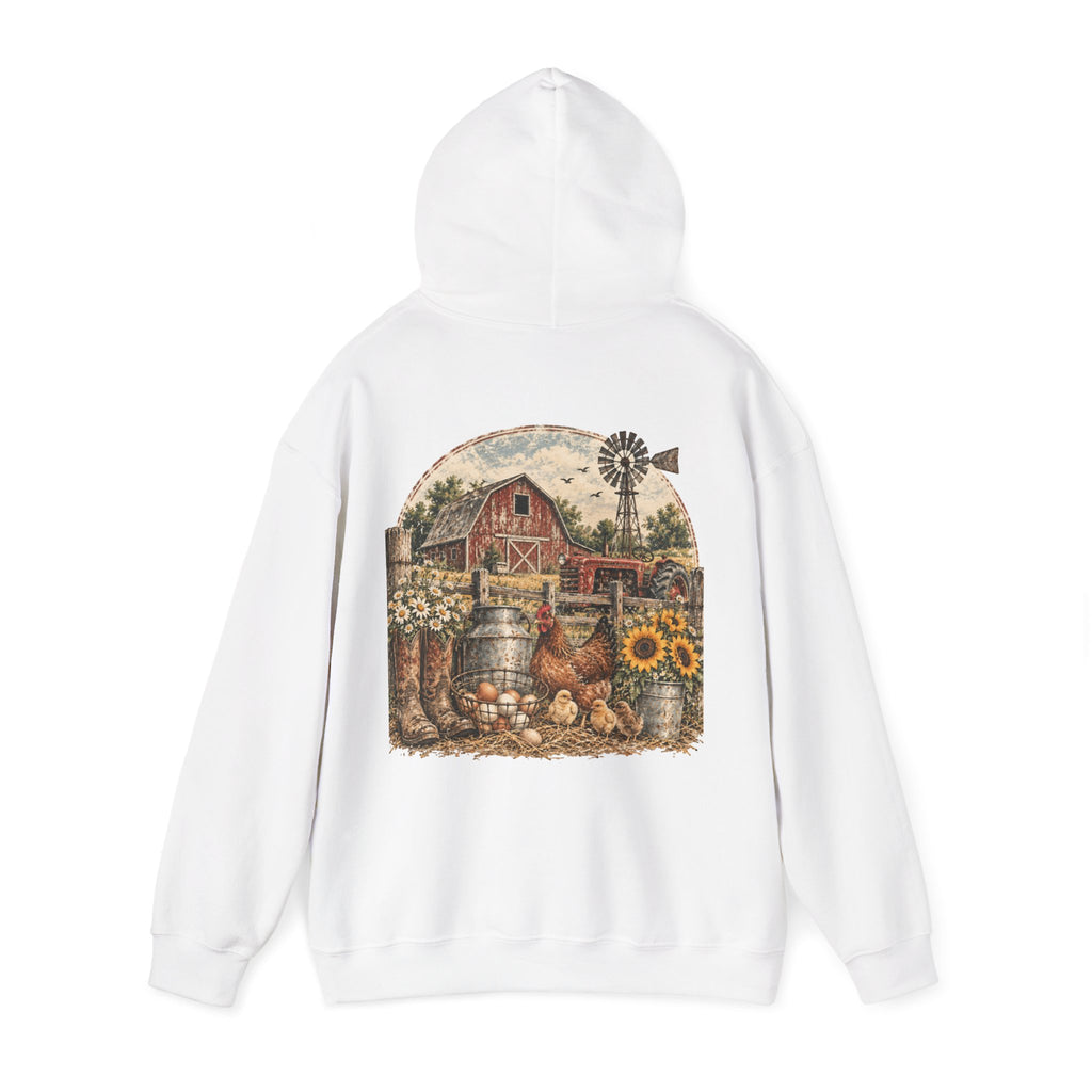 Country Farmhouse Hoodie — Vintage Barn, Sunflowers & Chickens Pullover