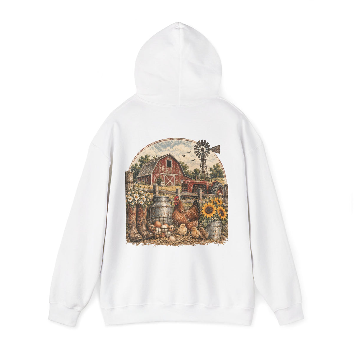 Country Farmhouse Hoodie — Vintage Barn, Sunflowers & Chickens Pullover