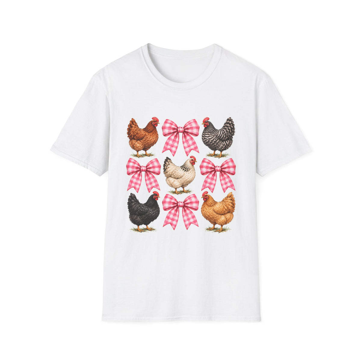 Chicken Bow T-Shirt — Farmyard Hen Graphic Tee with Pink Gingham Bows