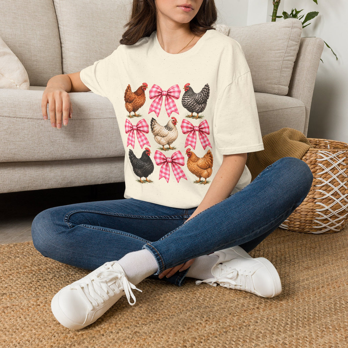 Chicken Bow T-Shirt — Farmyard Hen Graphic Tee with Pink Gingham Bows