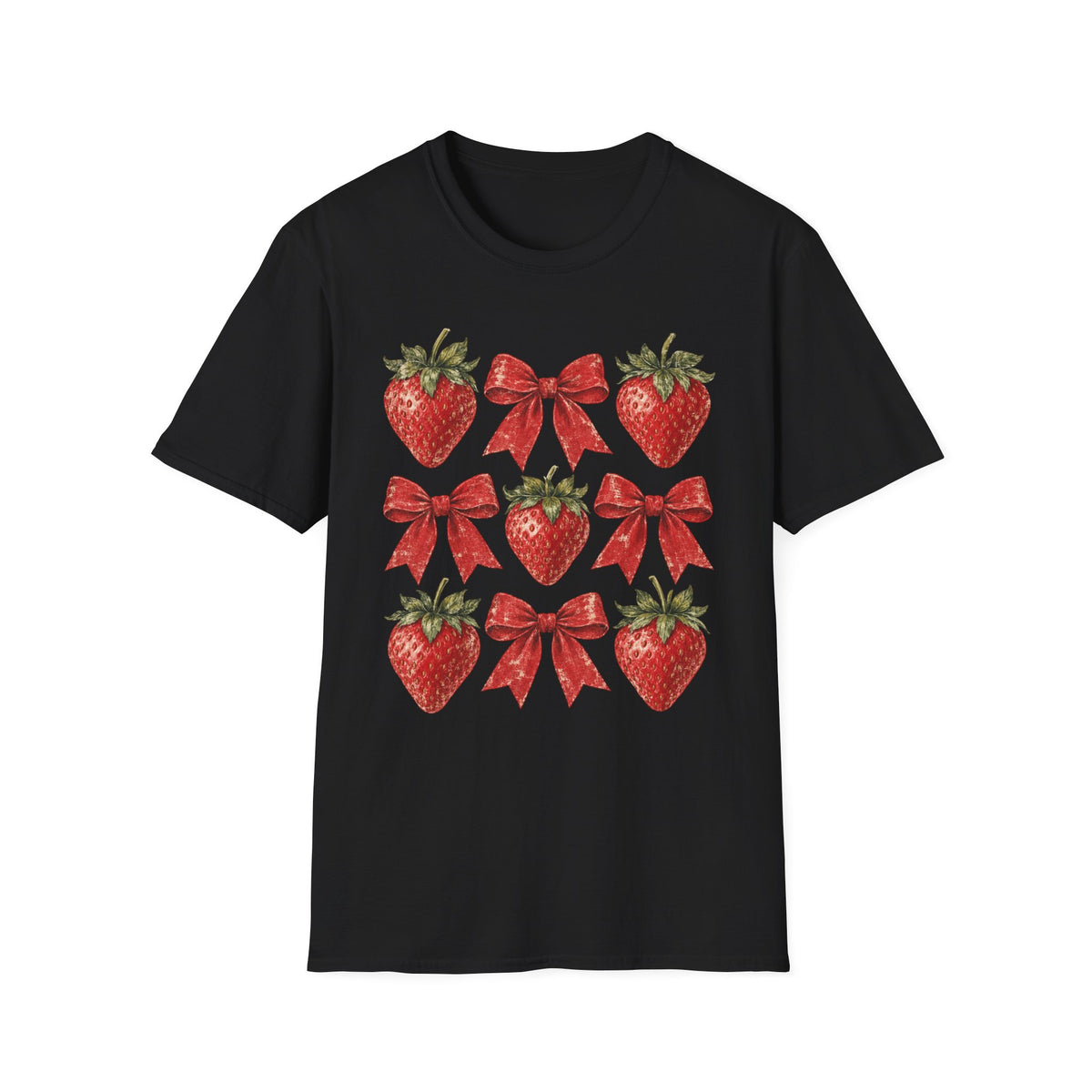 Strawberry Bow T-Shirt — Cute Red Strawberry & Ribbon Graphic Tee