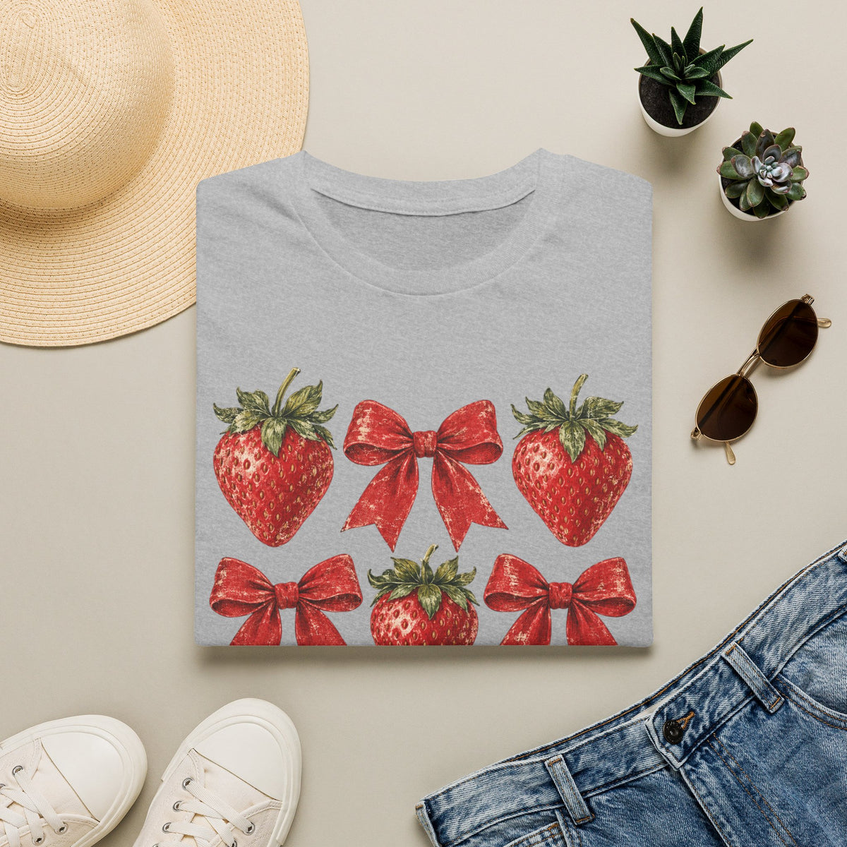 Strawberry Bow T-Shirt — Cute Red Strawberry & Ribbon Graphic Tee