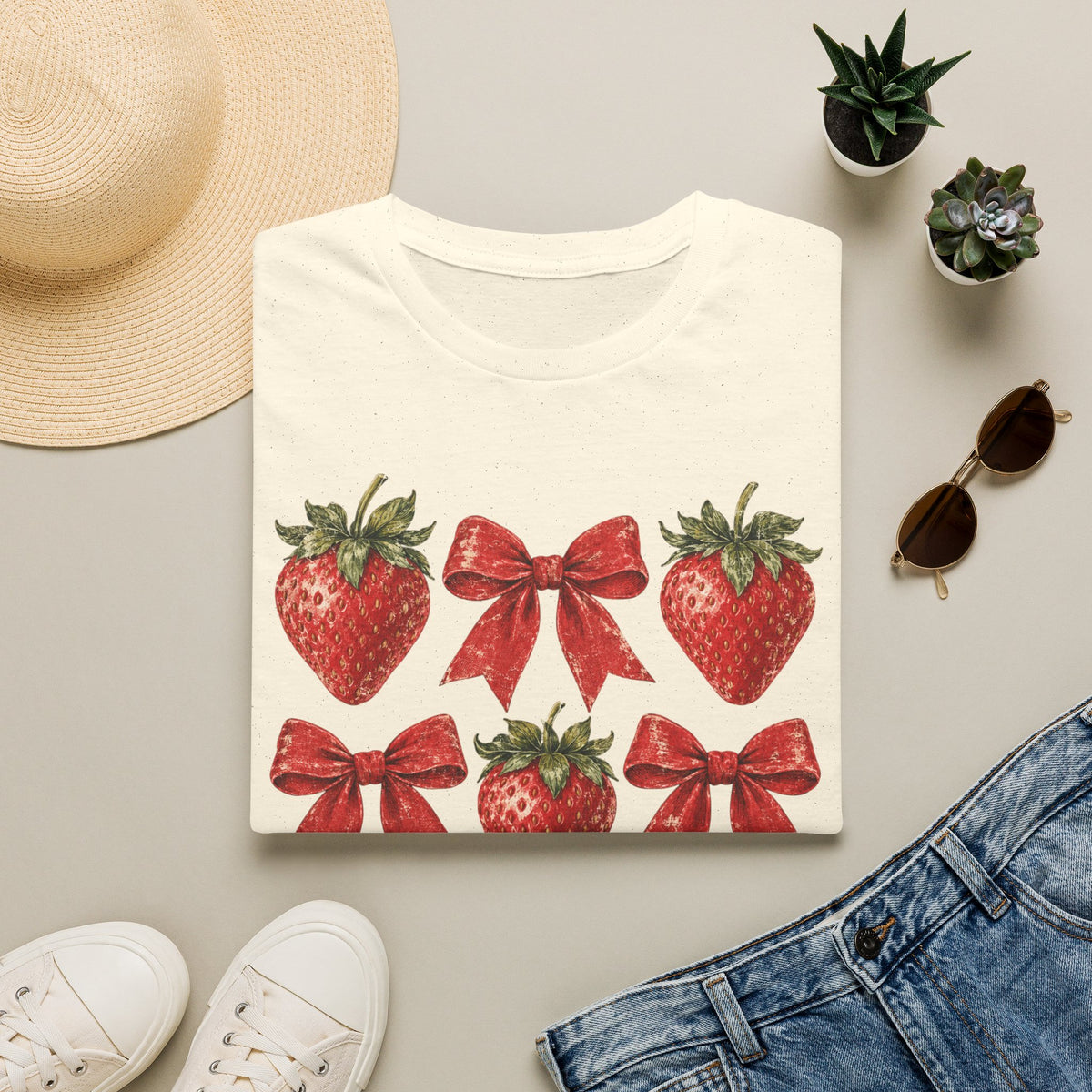 Strawberry Bow T-Shirt — Cute Red Strawberry & Ribbon Graphic Tee
