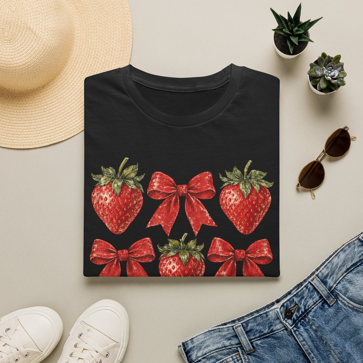 Strawberry Bow T-Shirt — Cute Red Strawberry & Ribbon Graphic Tee