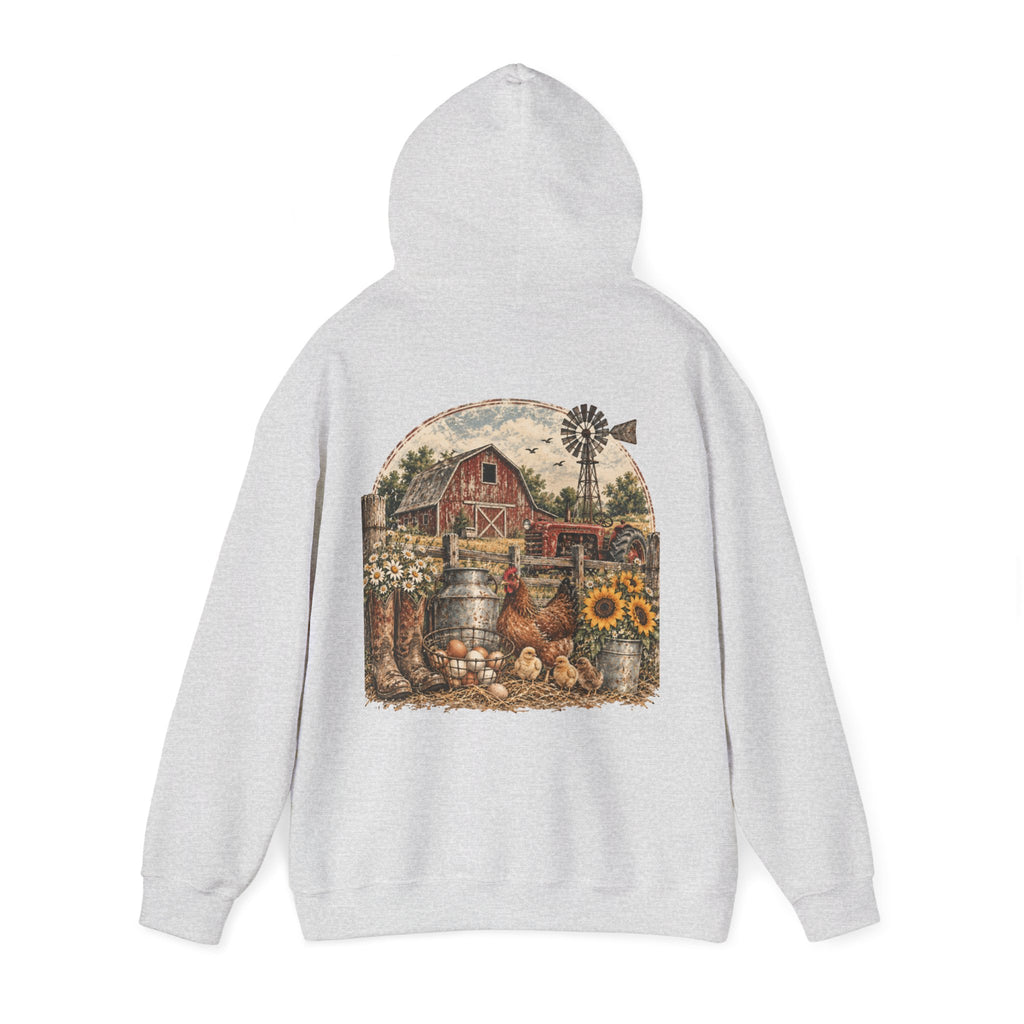 Country Farmhouse Hoodie — Vintage Barn, Sunflowers & Chickens Pullover