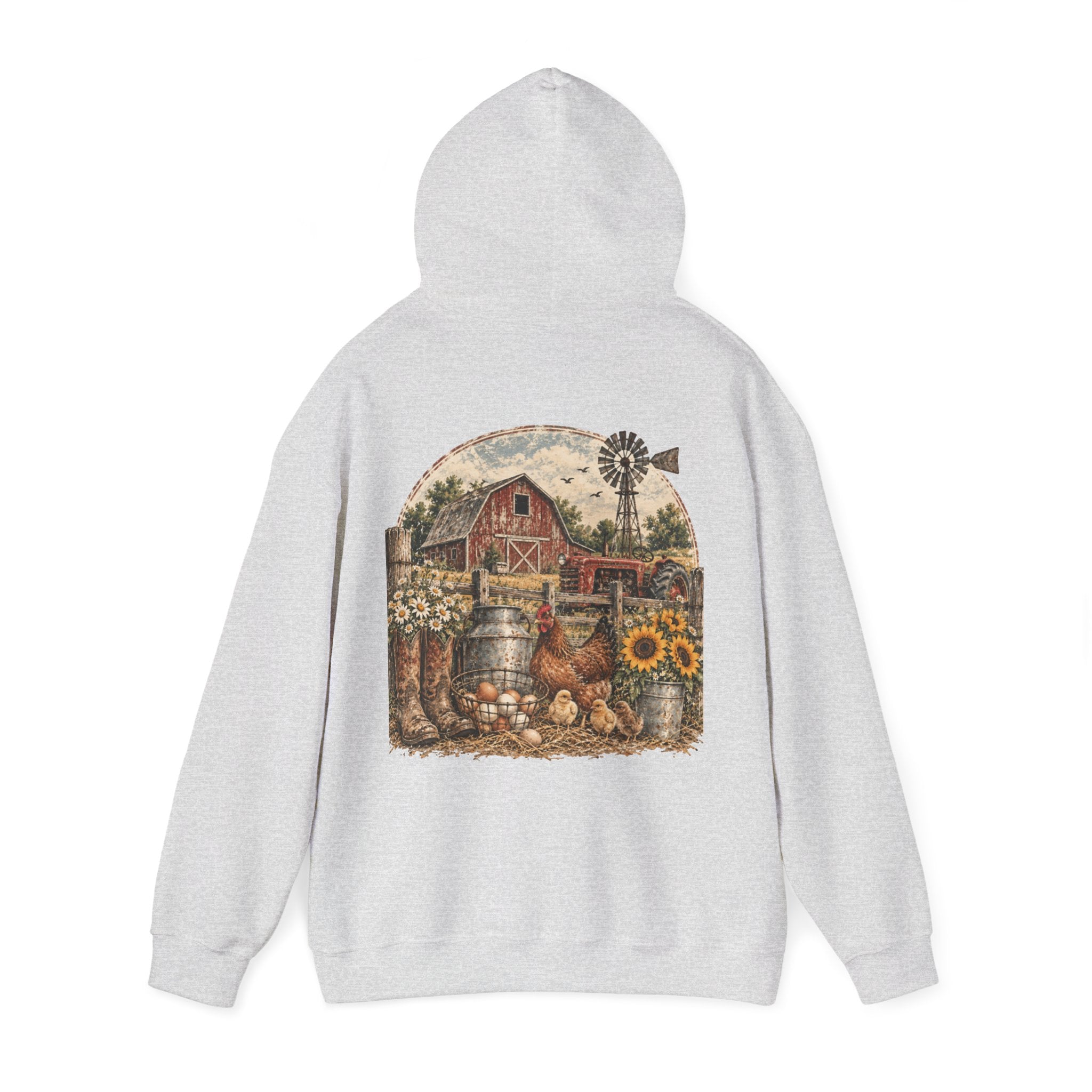 Country Farmhouse Hoodie — Vintage Barn, Sunflowers & Chickens Pullover