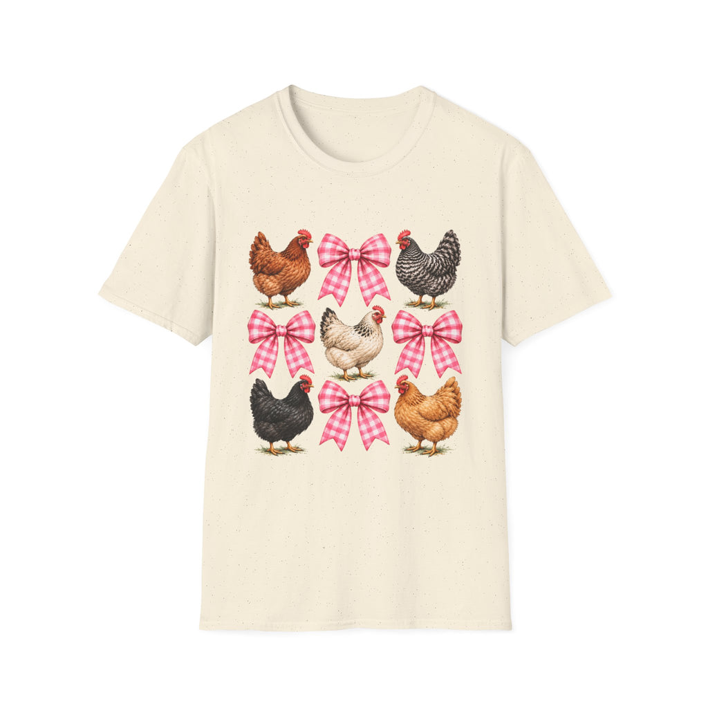 Chicken Bow T-Shirt — Farmyard Hen Graphic Tee with Pink Gingham Bows