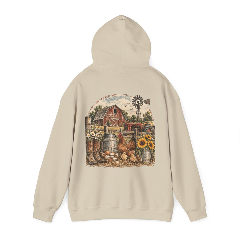 Country Farmhouse Hoodie — Vintage Barn, Sunflowers & Chickens Pullover