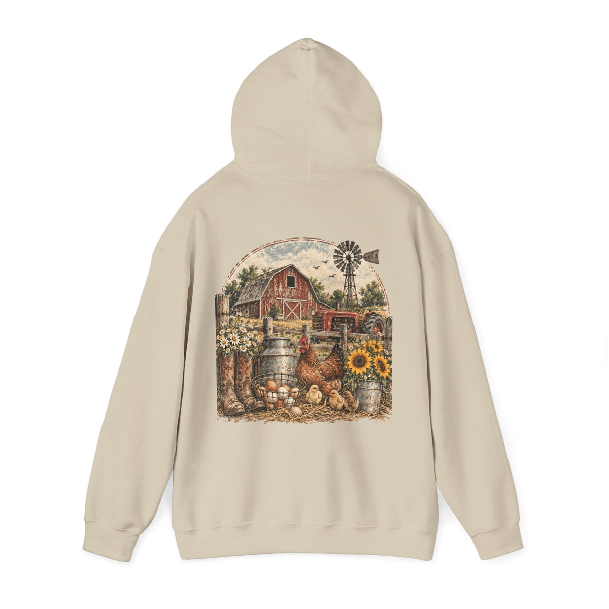 Country Farmhouse Hoodie — Vintage Barn, Sunflowers & Chickens Pullover