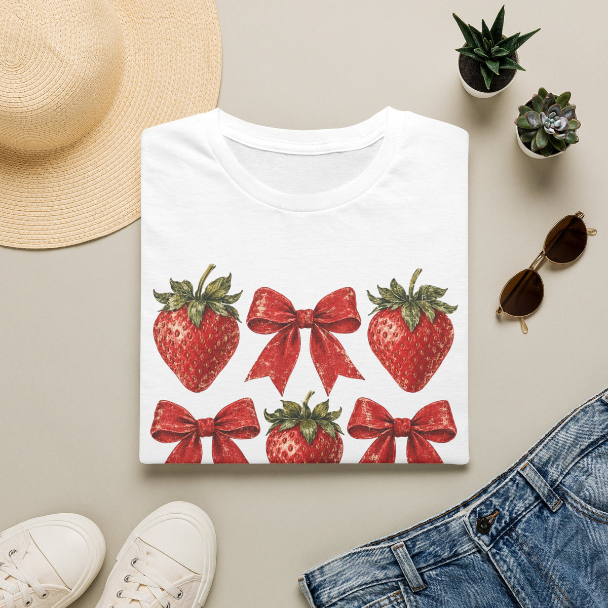 Strawberry Bow T-Shirt — Cute Red Strawberry & Ribbon Graphic Tee