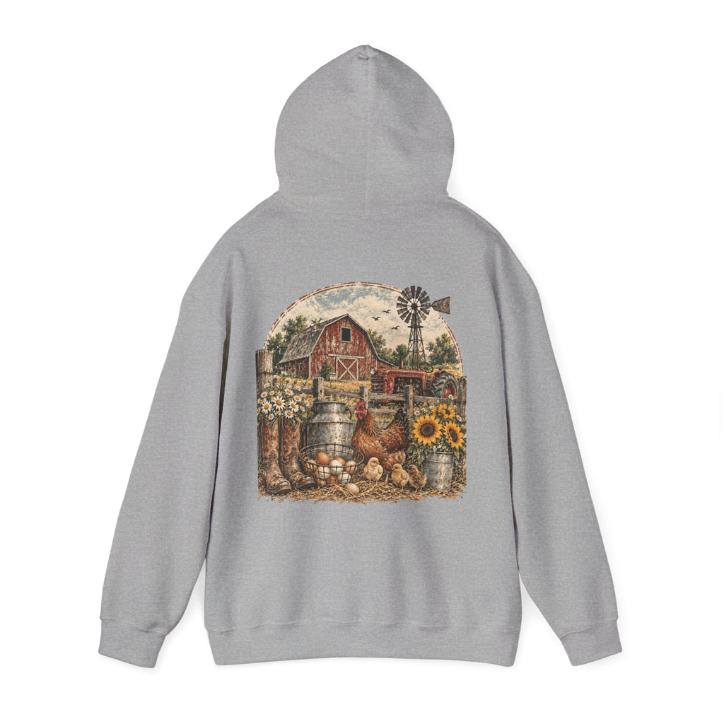 Country Farmhouse Hoodie — Vintage Barn, Sunflowers & Chickens Pullover